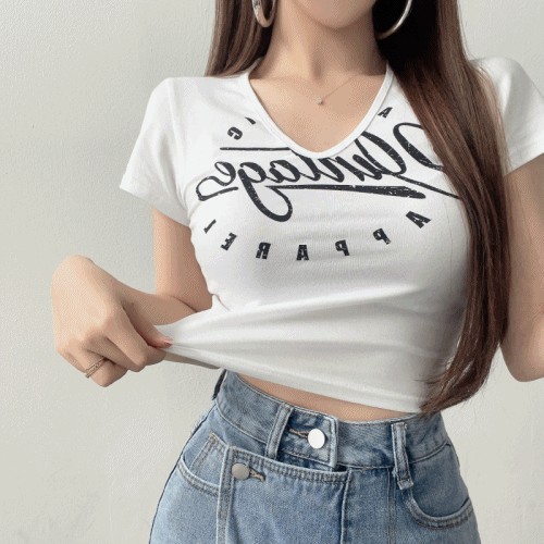 빈티지 레터링 쫀쫀 스판 반팔 크롭 브이넥 티셔츠 (화이트/카키/블랙)