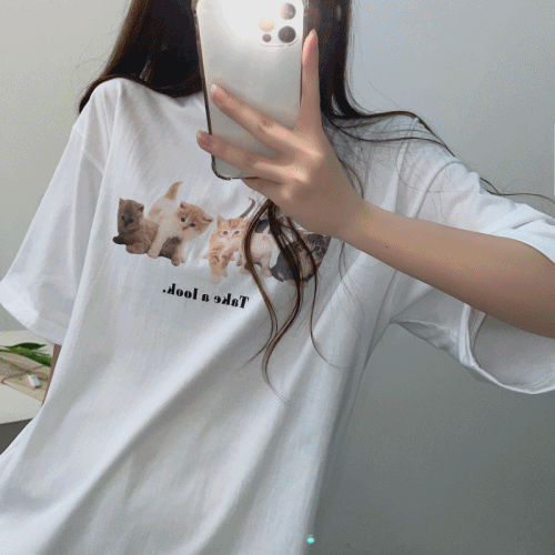 키튼 고양이 프린팅 레터링 반팔 티셔츠 (3color)